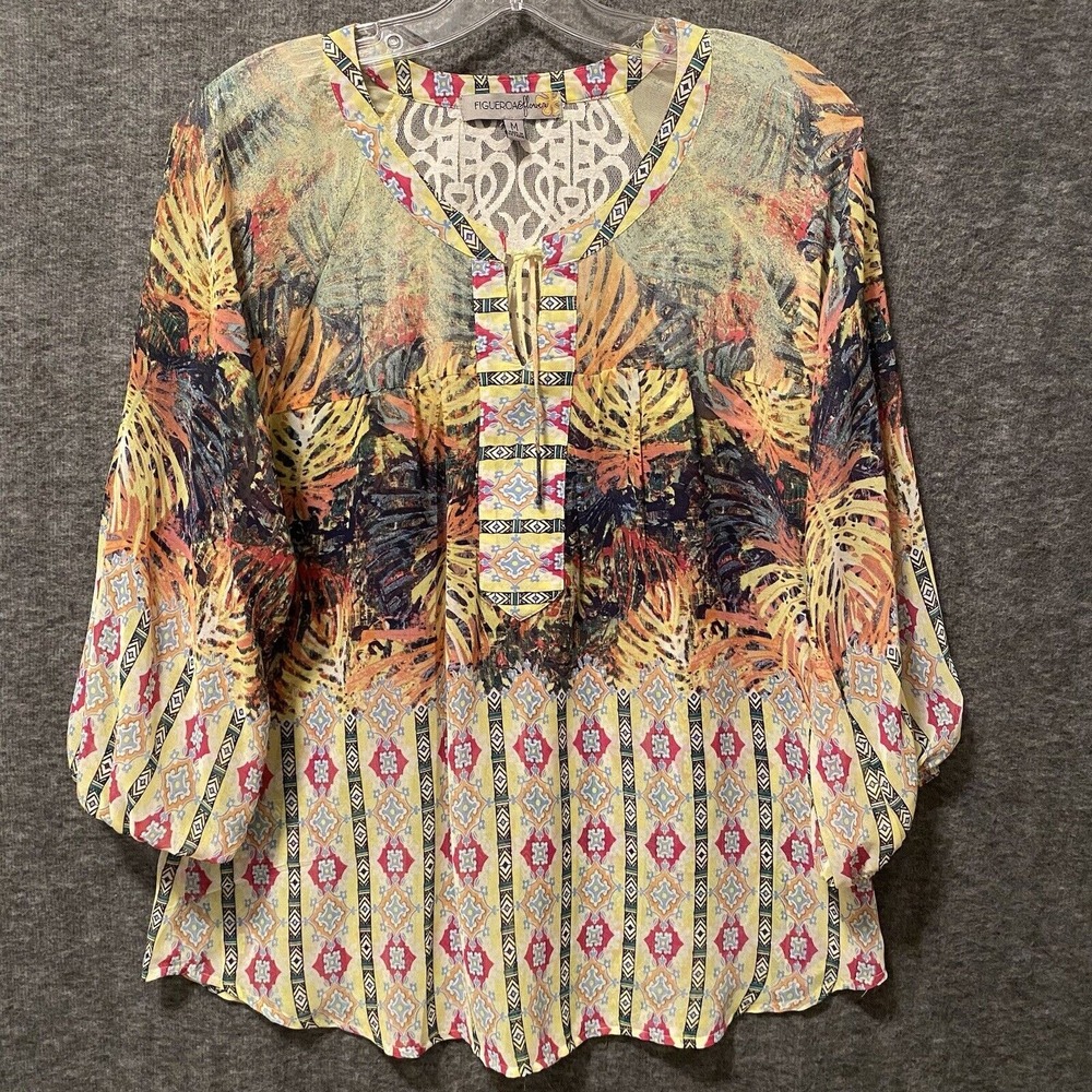Figueroa & Flower‎ Top Womens M Yellow Floral Tie Lace Embroidered Boho Blouse